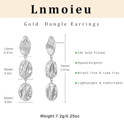 Gold Dangle Earrings for Women,Chunky 14K Gold Plated Drop Dangle Stud Earrings Long Statement Hammered Earring Hypoallergenic Jewelry for Women Gifts - style: Irregular Hammered-Silver