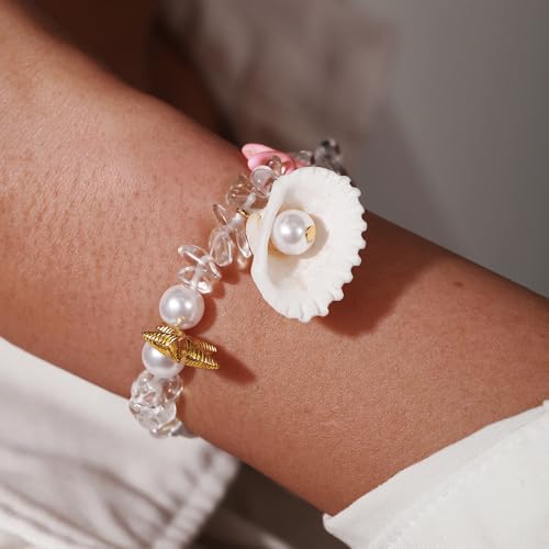 Shell Starfish Bracelet Seahorse Conch Starfish Sea Shell Pearls Charm Stone Bracelet Statement Bohemian Sea Themed Beach Jewelry for Women - color: Pink B