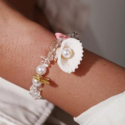 Shell Starfish Bracelet Seahorse Conch Starfish Sea Shell Pearls Charm Stone Bracelet Statement Bohemian Sea Themed Beach Jewelry for Women - color: Pink B