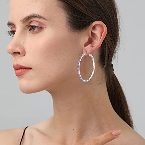 925 Sterling Silver Earrings Large Rhinestone Hoop Earrings Big Cubic Zirconia Hoop Earrings Thin Rhinestones Round Hoop Earrings for Women 20/30/40/50/60/70mm Sparkly Hoops With Crystals for Womens - color: purple,50mm