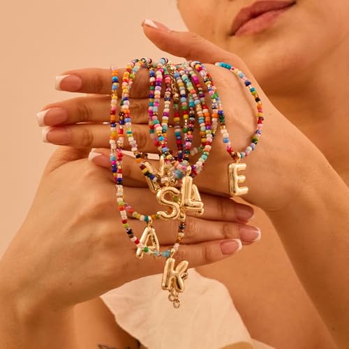 VRIUA Colorful Initial Necklaces for Women – Bubble Letter A-Z Necklace Handmade Beaded Necklace Dainty Initial Necklaces for Girls Kids - Teen Girls Gifts Trendy Jewelry - color: Gold, style: B