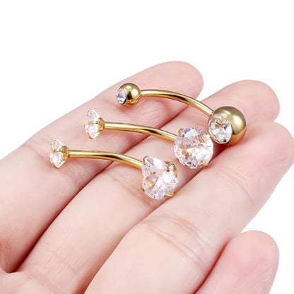 Belly Button Rings Surgical Steel Internally Threaded Belly Button Ring 10MM/12MM/14MM/16MM Navel Rings for Women Clear CZ 14G Long Bar Navel Piercing Jewelry - color: goldtone, size: 14mm bar length