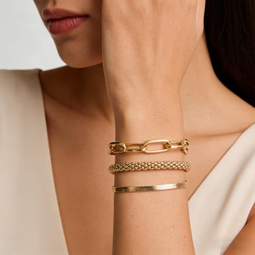 Alegend 14K Gold Plated Stackable Multilayer Bracelets + Titanium Steel(Not Rust, Resist Corruption, Easily Clean) 18K Gold Plated Single Bracelets - color: 14K Gold + 3PCS