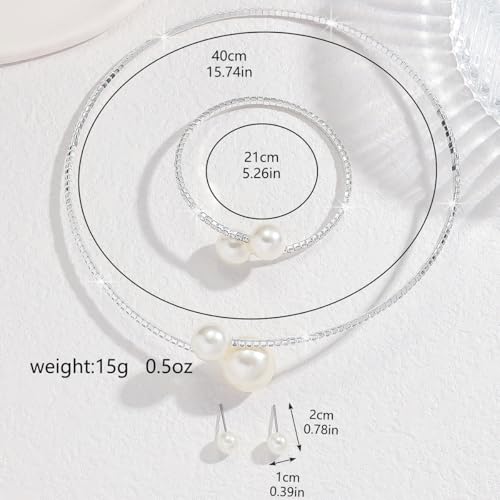 Gold Jewelry Set for Prom,Pearl Necklace Earrings Bracelet Crystal Bridal Wedding Prom Dresses Costume Jewelry Accessories Rhinestone Bridal Jewelry Set for Women - color: Silver Pearl