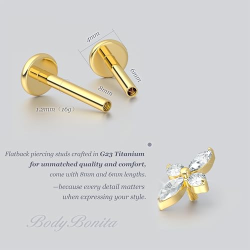 G23 Titanium 16G Tragus Conch Piercing Jewelry Flat Back Stud Earrings | Hypoallergenic CZ Nose Dangle Helix Medusa Lip Labret Body Piercing Jewelry, 14K Gold Plated, Silver, 6 and 8 mm Post Length - color: Floral Sparkle-14K Gold