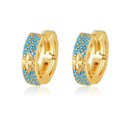 Turquoise Hoop Earrings for Women/Men 18K Real Gold Plated Cubic Zirconia Hoop Earrings Hypoallergenic Cartilage Ear Jewelry - color: 4-Leaf Clover