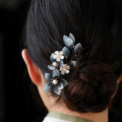 Chinese Hair Sticks,Decorative Hair Fork Pins, Blue and White Floral Design with Pearl Accents Hair Accessories for Women Girls, 4.72 inch