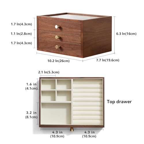 Black Walnut Wooden Jewelry Box Women large 3 Layer Drawer Organizer Box with Glass Lid for Necklaces, Watch, Necklace, Ring, Earring Storage, Ideal Gift - style: 3 Layer