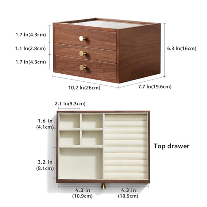 Black Walnut Wooden Jewelry Box Women large 3 Layer Drawer Organizer Box with Glass Lid for Necklaces, Watch, Necklace, Ring, Earring Storage, Ideal Gift - style: 3 Layer