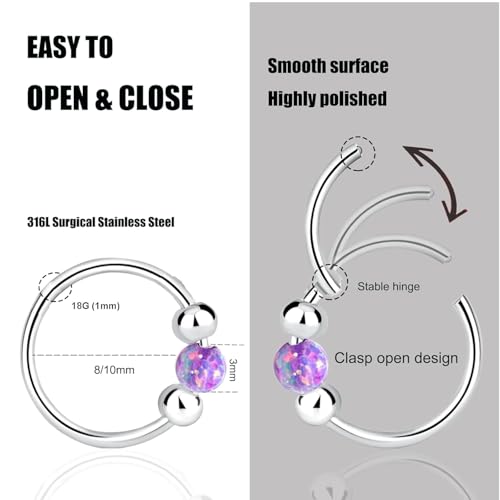 2 Pcs Small Cartilage Hoop Earrings for Women Men, 18G Opal Silver Earrings Hypoallergenic 316L Surgical Steel Hinge Huggie Hoop Earrings for Helix,Tragus,Conch,Rook,Earlobe Piercing Jewelry Nose Ring - style: 1Pc8mm+1Pc10mm Purple Opal/Silver