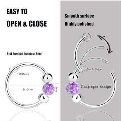 2PCS 18G Opal Cartilage Hoop Earrings, Hypoallergenic Silver Huggie Hoops | 316L Surgical Stainless Steel, 8mm 10mm sizes, hinged closure for easy wear, helix, tragus, conch, nose and daily styling - style: 2Pcs 10mm Purple Opal/Silver