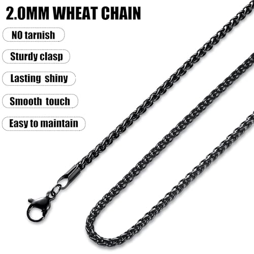 Fiusem Wheat Chains for Men and Women, Silver Tone/Black/14K Gold Plated | 2/2.5/3/4/5mm Stainless Steel Necklace Chain, Mens Necklace Jewelry Gift 16-28 Inch - size: 22 Inches, style: Black 2MM