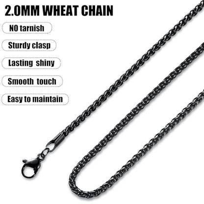 Fiusem Wheat Chains for Men and Women, Silver Tone/Black/14K Gold Plated | 2/2.5/3/4/5mm Stainless Steel Necklace Chain, Mens Necklace Jewelry Gift 16-28 Inch - size: 22 Inches, style: Black 2MM