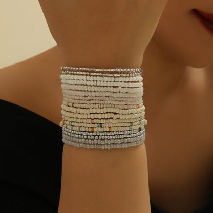 18-20PCS Colorful Bohemia Seed Beaded Bracelets Set Stackable Boho Stretch Bangle Bracelets Multilayer Boho Anket Concert Summer Beach Vaction Surf Jewelry Accessory - color: White-18pcs