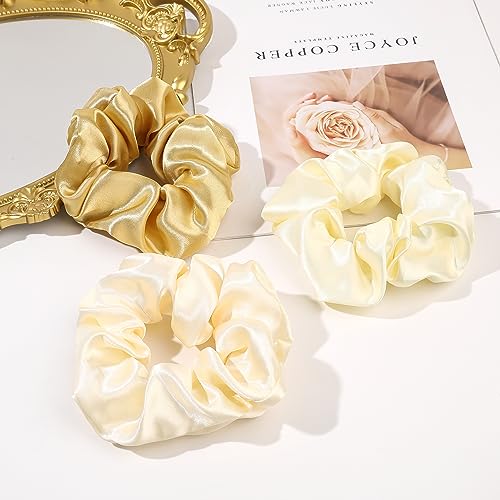 Ivyu Scrunchies for Women's Hair, Satin Hair Ties Bands, 4 Pieces, Big Scrunchies for Thick Curly Hair, Ponytail Holders, Cute Pony Tails, No Crease Hair Ties, No Damage - color: Yellow