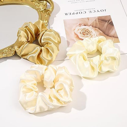 Ivyu Scrunchies for Women's Hair, Satin Hair Ties Bands, 4 Pieces, Big Scrunchies for Thick Curly Hair, Ponytail Holders, Cute Pony Tails, No Crease Hair Ties, No Damage - color: Yellow