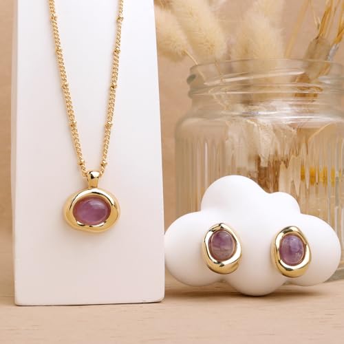 Jean Beau Gold Stone Pendant Necklaces for Women, Chunky Gemstone Dangle Necklace Wedding Prom Fashion Jewelry Gift - color: Amethyst Purple