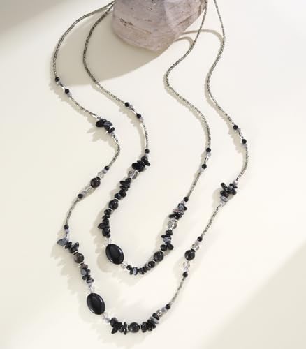 Noessla Boho Long Beaded Necklaces for Women Double Layer Chunky Irregular Stone Beads Strand Statement Jewelry Mothers Day Gifts - color: Black