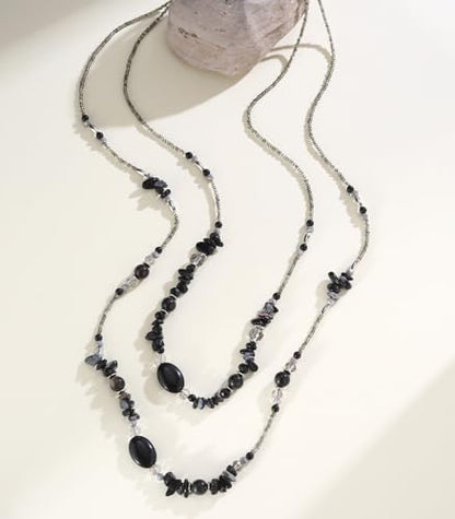 Noessla Boho Long Beaded Necklaces for Women Double Layer Chunky Irregular Stone Beads Strand Statement Jewelry Mothers Day Gifts - color: Black