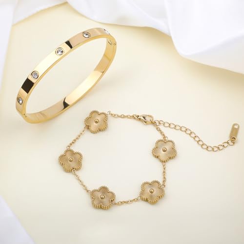 Bracelet Bangle Set, 4pcs Stackable Four Leaf Gold Bracelet Set for Wife Mom Girlfriend - color: Gold (K1)