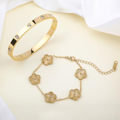 Bracelet Bangle Set, 4pcs Stackable Four Leaf Gold Bracelet Set for Wife Mom Girlfriend - color: Gold (K1)