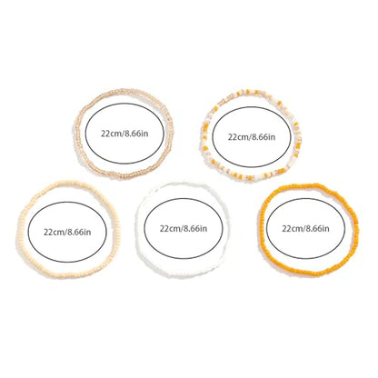 5Pcs Summer Beach Bead Anklet Bracelet,Multi-layered Pearl Anklets,Bikini Foot Chain Bracelet Wedding Bridal Adjustable Leg Bracelet Jewelry for Women Girls - style: Yellow