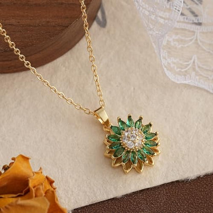 Sunflower Fidget Necklace for Women Gold Moon Necklace Rotating Heart Necklaces Spinning Crystal Flower Anxiety Necklaces Crescent Moons Jewelry Accessories - color: Green