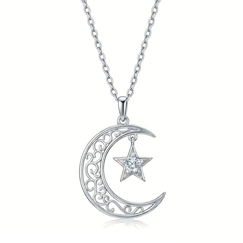 Moissanite Moon and Star Necklace 925 Silver Birthstone Gifts for Women | Sterling Silver Sun and Moon Pendant Elegant Jewelry Birthday Gifts for Wife Mom - color: A2:Moon and Star-Moissanite