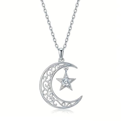 Moissanite Moon and Star Necklace 925 Silver Birthstone Gifts for Women | Sterling Silver Sun and Moon Pendant Elegant Jewelry Birthday Gifts for Wife Mom - color: A2:Moon and Star-Moissanite