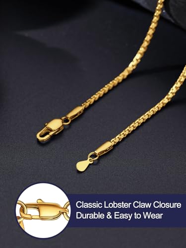 Bandmax Solid Stainless Steel Flat Box Link Chains 2MM/4MM/6MM/8MM Silver/Gold/Black Rolo Cable Chain Necklaces for Men Women 14"-30" Length, Gift Packed - color: 03 2MM-14K Gold Plated