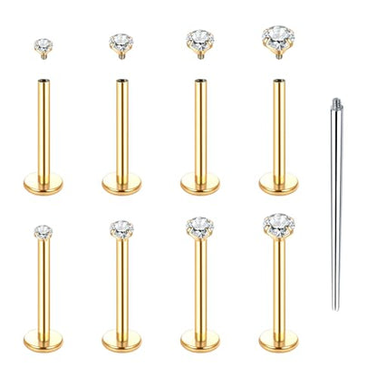 Xpircn Flat Back Stud Earrings 14K Gold Plated Internally Threaded CZ Stud Piercing Jewelry for Tragus Helix Cartilage Conch Nose Hypoallergenic Lip Labret Medusa Piercing 16G 18G - color: 16 Gauge, Gold, size: 12mm Bar