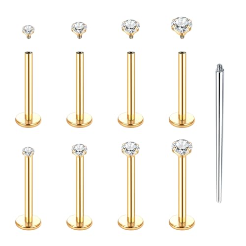 Xpircn Flat Back Stud Earrings 14K Gold Plated Internally Threaded CZ Stud Piercing Jewelry for Tragus Helix Cartilage Conch Nose Hypoallergenic Lip Labret Medusa Piercing 16G 18G - color: 16 Gauge, Gold, size: 12mm Bar