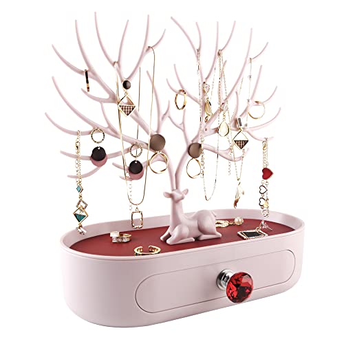 MORE&LESS Red Artificial Leather and Red Crystal Handle Deer Jewelry Display Rack for Ring Earrings Necklace Bracelet - color: D Red PU