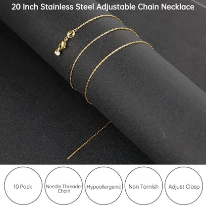 GTVOODX 10pcs Gold Plated Adjustable Thin Necklace Chains Bulk for Jewelry Making Stainless Steel 0.75mm Rectangle Cable Chains with Adjust Clasp for Women - color: Gold Rectangle Cable
