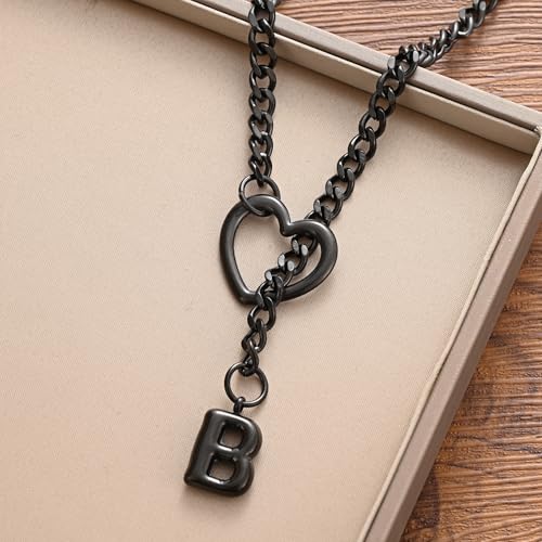 sroyte Black Heart Slip Chain Initial Necklaces for Women,Stainless Steel O-Ring Adjustable Lariat Heart Y-Necklace,Punk Gothic Cuban Collar Choker Necklace for women - color: Black B