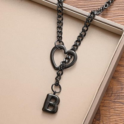 sroyte Black Heart Slip Chain Initial Necklaces for Women,Stainless Steel O-Ring Adjustable Lariat Heart Y-Necklace,Punk Gothic Cuban Collar Choker Necklace for women - color: Black B