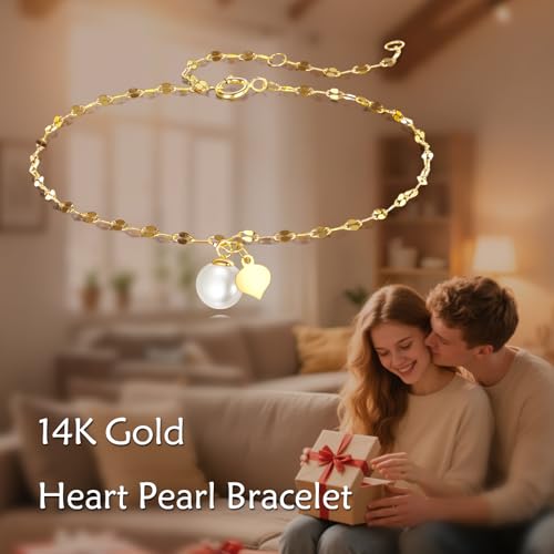 14K Gold Pearl Bracelet for Women,Lip Chain Pearls Link Bracelets Anniversary Christmas Mother’s Day Jewelry Gift for Mom Wife Her - style: style1-white pearl