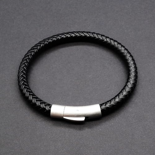 Men's Leather Bracelet, Stackable Stainless Steel Clasp Bracelets for Men Stylish Birthday, Thanksgiving, Valentine's Day Gift for My Man (8.2" Black Leather) | Men's Accessory, Leather Band, Stainless Steel, Wrist Bracelet