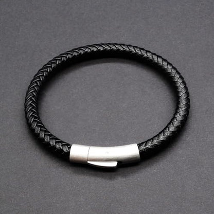 Men's Leather Bracelet, Stackable Stainless Steel Clasp Bracelets for Men Stylish Birthday, Thanksgiving, Valentine's Day Gift for My Man (8.2" Black Leather) | Men's Accessory, Leather Band, Stainless Steel, Wrist Bracelet