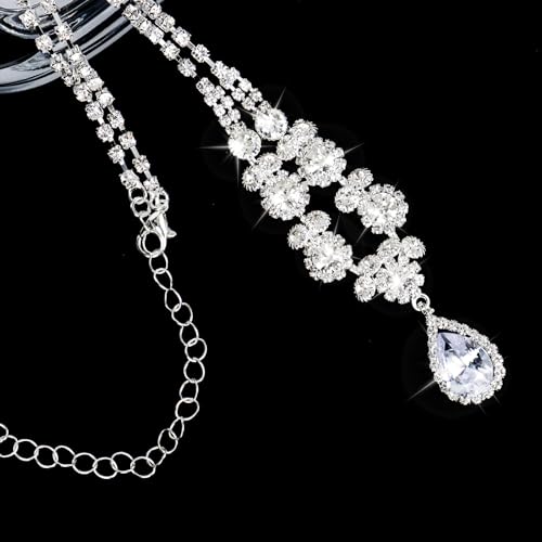 CIEHER Silver 2/3 Pieces Women Jewelry Set - Drop Necklace + Crystal Teardrop Dangle Earring Clips, Crystal Clip On Earrings Silver Non Pierced - style: Clip On - Style B