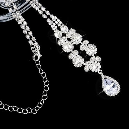 CIEHER Silver 2/3 Pieces Women Jewelry Set - Drop Necklace + Crystal Teardrop Dangle Earring Clips, Crystal Clip On Earrings Silver Non Pierced - style: Clip On - Style B