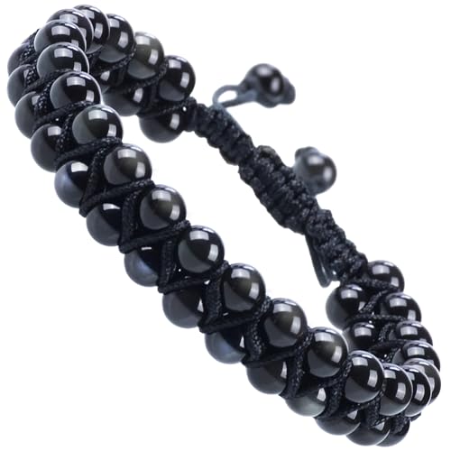 MASSIVE BEADS Double Layer Natural Chakra Healing Power Crystals Macrame Bracelet Yoga Stone Beads Gemstone Meditation Relax Anxiety Bangle for Unisex Women Men - color: Black Obsidian, size: 6mm