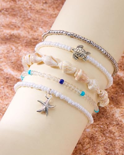 Shell Bracelets for Women Layered Seashell Starfish Bracelets Stackable Stretch Boho Beaded Bracelet Summer Beach Surfer Bracelet Seaside Beach Dress Outfits Accessories - color: A6:shell bracelets