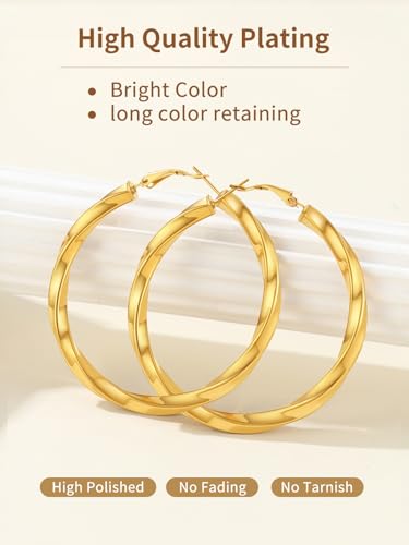 FindChic Twisted Hoop Earrings for Women, Silver/Black/14K Gold Plated Hypoallergenic Hollow Tube Rounded Loop Earrings, 30mm/40mm/60mm/80mm Hoops with Custom Name Options and Gift Box - color: c.Gold, size: 60MM
