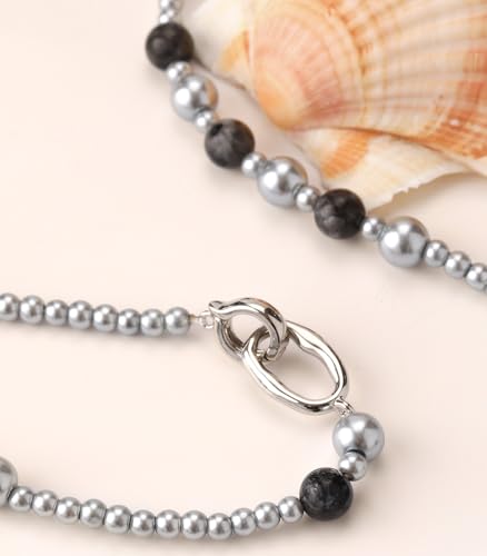Long Beaded Necklaces for Women Pearl Stone Bead Strand - Layered Sweater Chain Elegant Mother's Day Jewelry Gifts - color: Grey