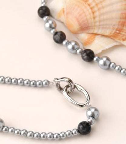Long Beaded Necklaces for Women Pearl Stone Bead Strand - Layered Sweater Chain Elegant Mother's Day Jewelry Gifts - color: Grey