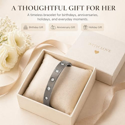 ZEZE++ Gold cuff bracelets for women - Mother of Pearl and Cubic Zirconia Bangle, High Polished Stainless Steel, Perfect for Wedding, Party, and Gift for Her - color: Titanium steel