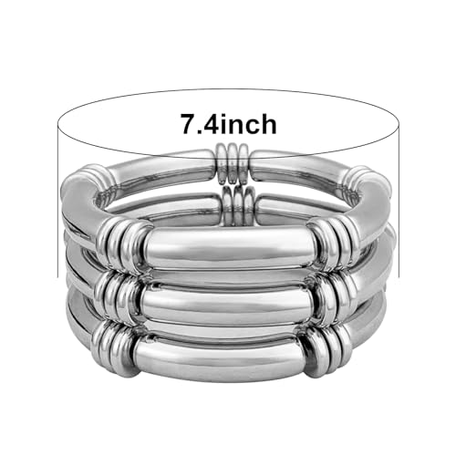 YBMYCM 5PCS Gold Chunky Bangles Bracelets for Women | 14k Gold Plated Stackable Layered Curved Bamboo Tube Stretch Bracelets Bangle Gift Jewelry - color: 3pcs Silver
