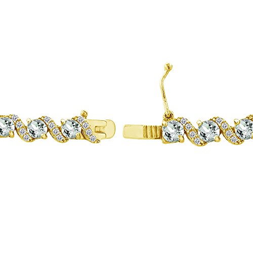 B. BRILLIANT Sterling Silver Genuine, Created or Simulated Gemstone Round S Design Tennis Bracelet for Women - color: Aquamarine - Gold Flash