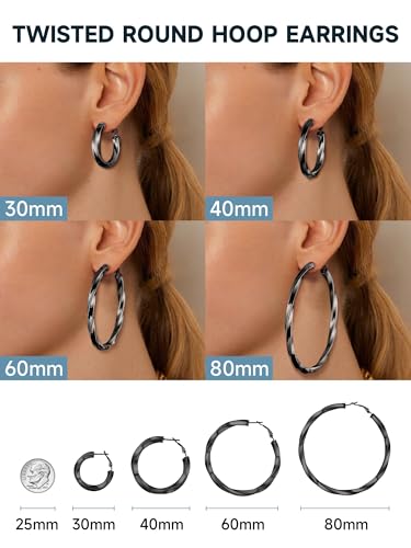 PROSTEEL Chunky Hoop Earrings for Women 14K Gold Plated/Black/Silver | 20/30/40/50/60/70/80mm Stainless Steel Thick Big Round Hoop with Waterproof and Non Tarnish Trendy Jewelry with Gift Box - color: 4. Black, size: 80MM